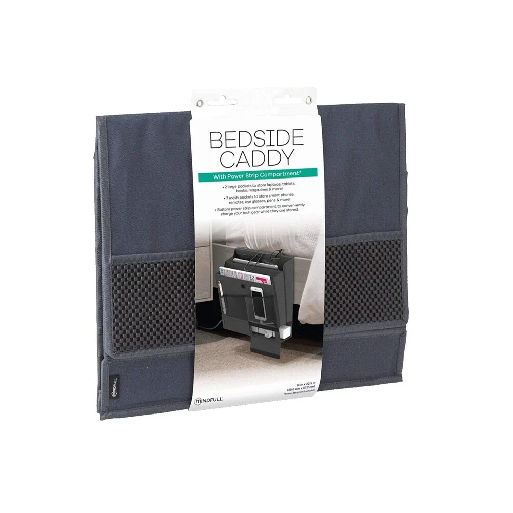 Grey Bedside Caddy Organizer Mattress Flap Hanging Power Strip Charging Pouch